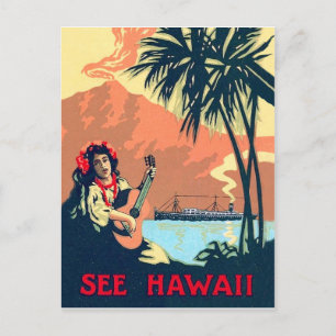 Hawaii tropic beach, woman playing guitar on coast postcard