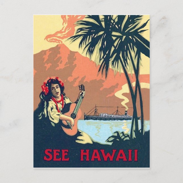 Hawaii tropic beach, woman playing guitar on coast postcard (Front)