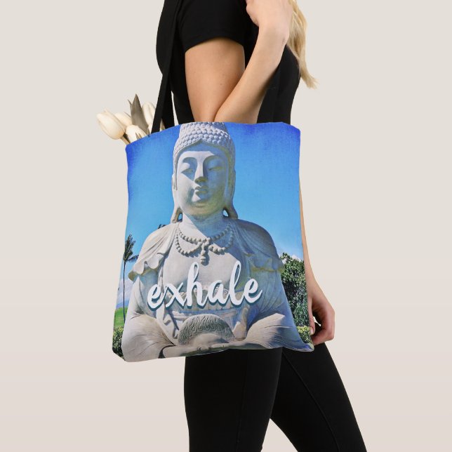 Hawaii Tropical Buddha Photo Exhale Script Stylish Tote Bag (Close Up)