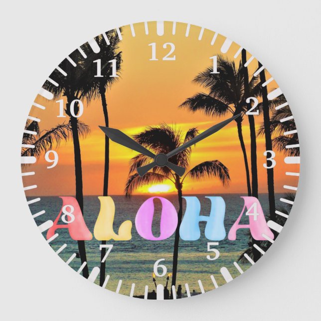 Hawaii Tropical Ocean Palm Tree Sunset Large Clock (Front)