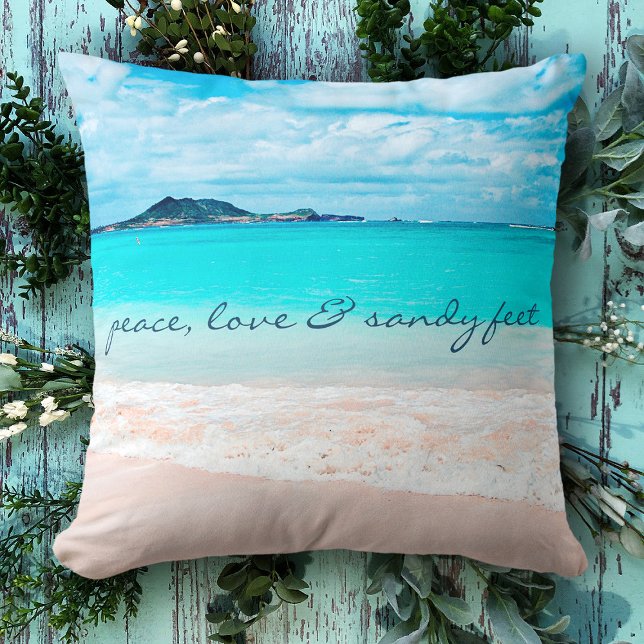 Hawaii Tropical Peace Love Sandy Feet Beach Photo Cushion (Creator Uploaded)