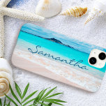 Hawaii tropical sandy beach photo add your name iPhone 15 mini case<br><div class="desc">Remind yourself of the fresh salt smell of the ocean air whenever you use this stunning, vibrantly-coloured photo, personalised name cell phone case. Exhale and explore the solitude of an empty Hawaiian beach. Makes a great gift for someone special! Just type in the name of your choice and you can...</div>