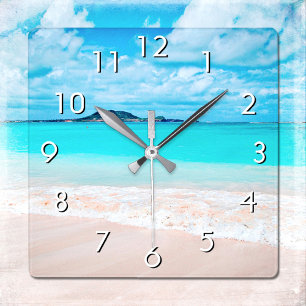 Hawaii turquoise blue ocean and sandy beach photo square wall clock