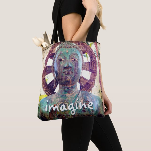 Hawaii Turquoise Buddha Photo Imagine Script Bold Tote Bag (Close Up)