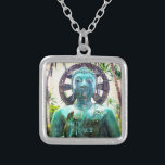 Hawaii Turquoise Buddha Statue Photo Peace Quote  Silver Plated Necklace<br><div class="desc">“Peace.” I happily discovered this Asian Buddha statue in a lush Hawaiian garden setting, exuding peace and solitude. Wear this photography charm necklace while you contemplate and imagine what can be accomplished. This necklace comes in small, medium and large sizes, as well as both square and circle shapes. You can...</div>