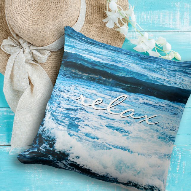 Hawaii Turquoise Ocean Waves Photo Relax Quote Cushion (Creator Uploaded)