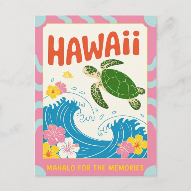 Hawaii USA Retro Sea Turtle Hibiscus Mahalo Postcard (Front)
