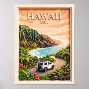 Hawaii USA Road Trip Vintage 3D Textured Landscape Poster