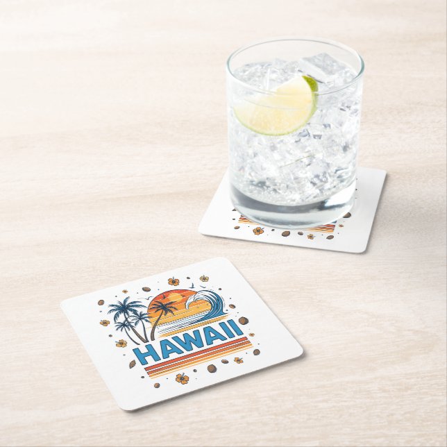 Hawaii Vacation Sunset 70S Beach Square Paper Coaster (Insitu)
