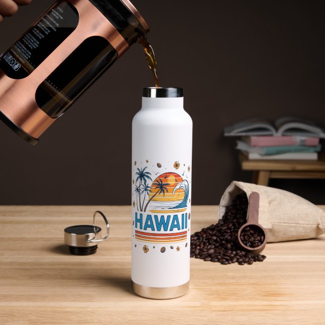 Hawaii Vacation Sunset 70S Beach Water Bottle (Coffee (Rotated))