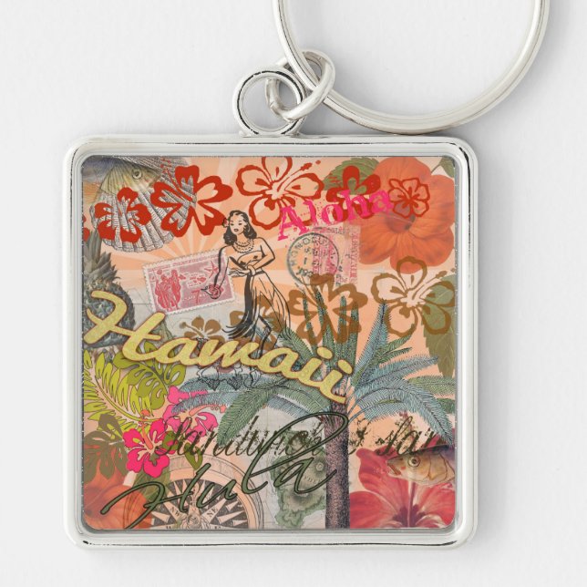 Hawaii Vintage Colourful Tropical Key Ring (Front)