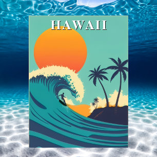 Hawaii Vintage Surfing Sunset & Waves Travel Postcard