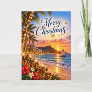 Hawaii Waikiki Sunset Tropical Christmas Card
