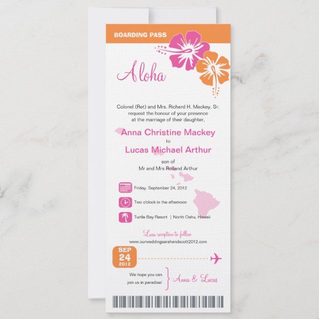 Hawaii Wedding Boarding Pass Invitation (Front)