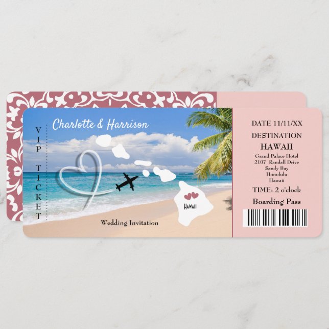 Hawaii Wedding Destination Ticket Pass Invitation (Front/Back)