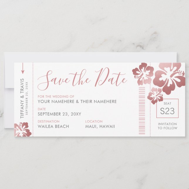 Hawaii Wedding Rose Gold Pink Boarding Pass Ticket Save The Date (Front)