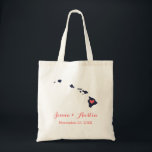 Hawaii Wedding Welcome Tote Bag<br><div class="desc">Welcome out of town wedding guests with a bag full of snacks and treats personalised with the state where you're getting married and the bride and groom's names and wedding date. Click Customise It to move the heart to show any city or location on the state map. Use the design...</div>