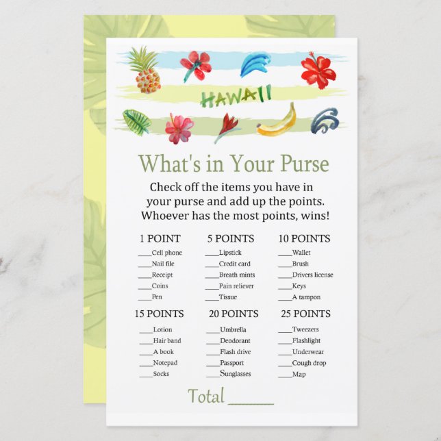 Hawaii What's in your purse game baby shower (Front/Back)
