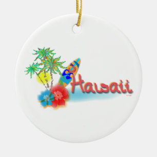 Hawaii with Palms, Flowers and Surfboard Ceramic Tree Decoration