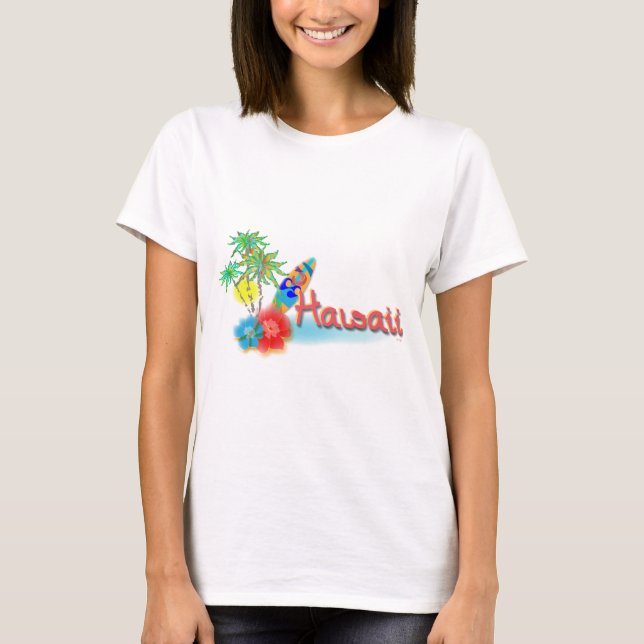 Hawaii with Palms, Flowers and Surfboard T-Shirt (Front)
