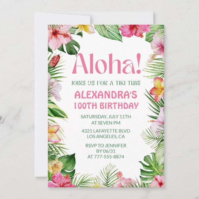 Hawaiian 100th birthday invitation Flowers (Front)