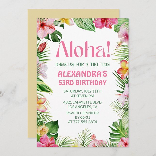 Hawaiian 53rd birthday invitation Tropical Floral (Front/Back)