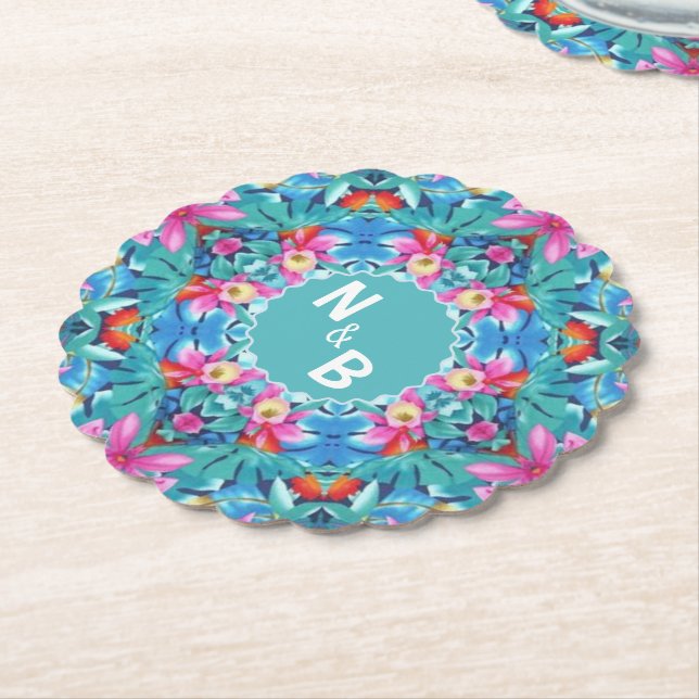 Hawaiian Abstract Monogram Couple Classic Paper Coaster (Angled)