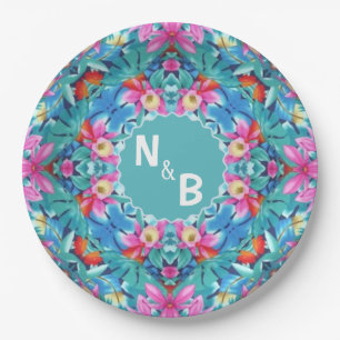 Hawaiian Abstract Monogram Couple Classic Round Paper Plate