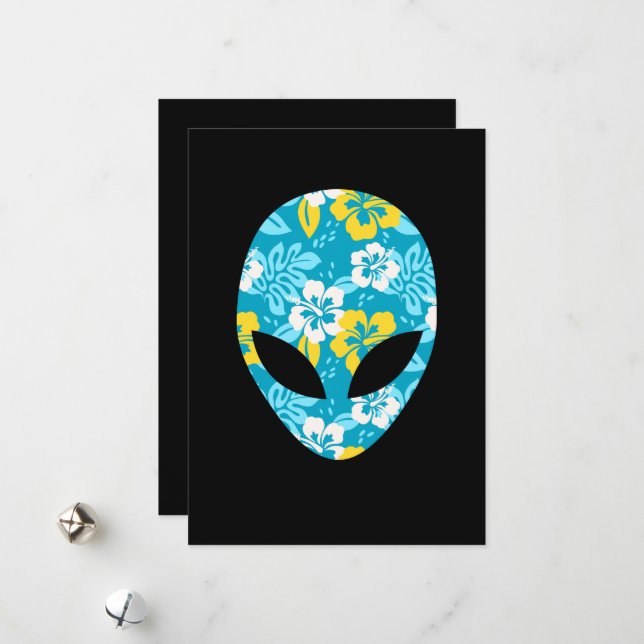 Hawaiian Alien Head - Funny Alien Holiday Card (Front/Back In Situ)