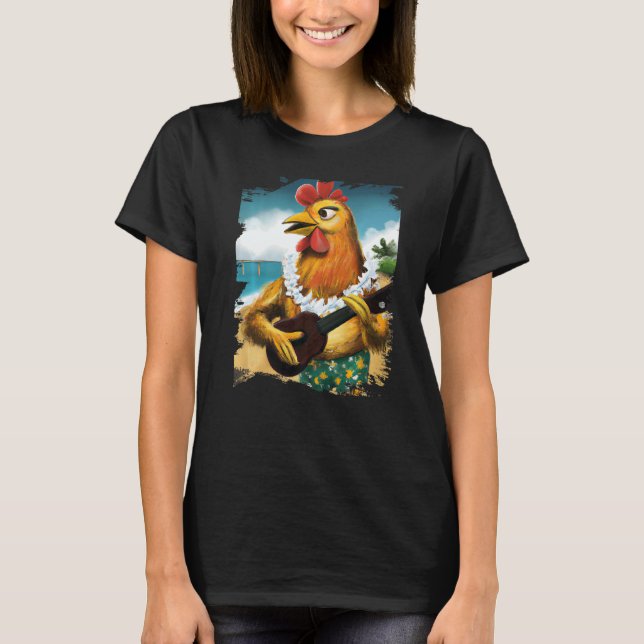 Hawaiian Aloha Chicken Playing Ukulele Beach T-Shirt (Front)