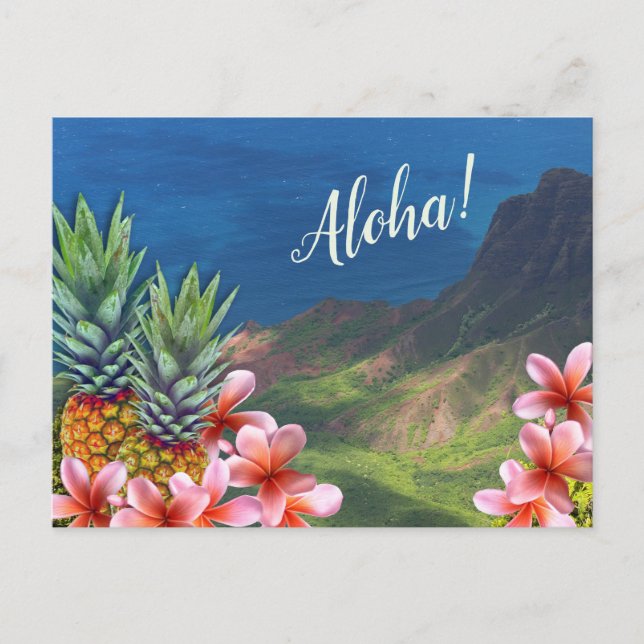 Hawaiian Aloha Flowers Pineapples and Mountains  Postcard (Front)
