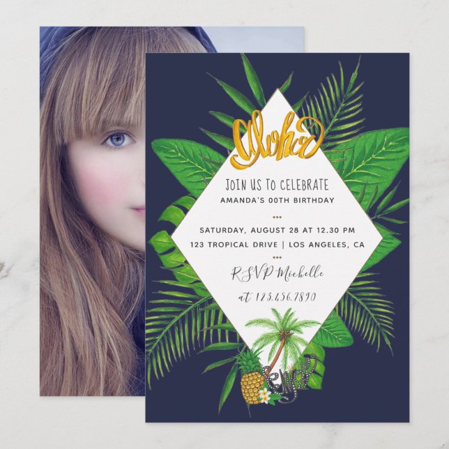 Hawaiian Aloha Luau Birthday Party add photo Invitation (Front/Back)