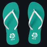 Hawaiian beach flower monogram wedding flip flops<br><div class="desc">Personalised Hawaiian beach flower monogram wedding flip flops for bride and groom or guests. Elegant party favour set with custom last name or monogram and tropical Hibiscus floral. Custom background and strap colour for him and her / men and women. Romantic aqua turquoise blue and white his and hers wedge...</div>