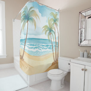Hawaiian Beach   Palm Tree Tropical Watercolor Shower Curtain