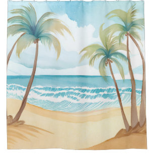 Hawaiian Beach Palm Tree Tropical Watercolor Shower Curtain