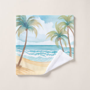 Hawaiian Beach   Palm Tree Tropical Watercolor Wash Cloth