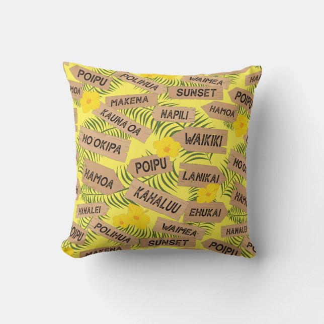Hawaiian Beaches and Hibiscus Flowers on Yellow Cushion (Front)