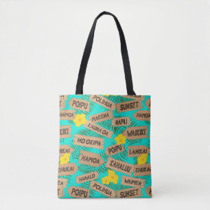 Hawaiian Beaches on Bright Blue Tote Bag