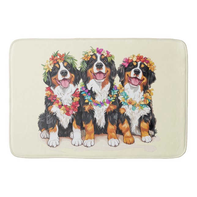 Hawaiian Bernese Mountain Dogs Flower Lei Bath Mat (Front)