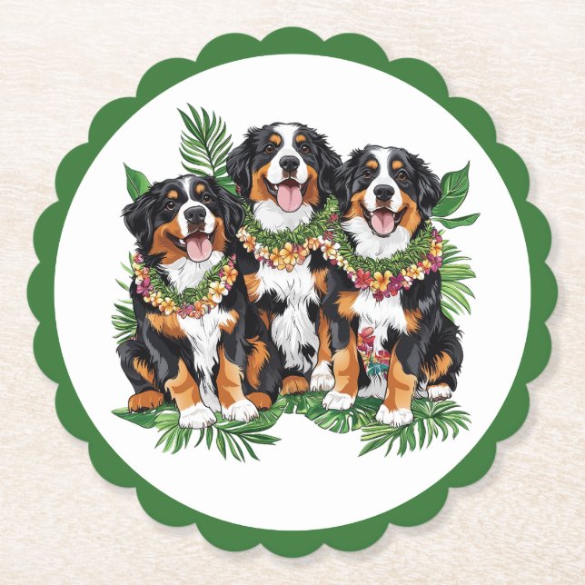 Hawaiian Bernese Mountain Dogs Flower Lei Paper Coaster (Front)