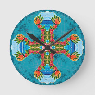 Hawaiian Bird of Paradise Cross (Blue) Round Clock
