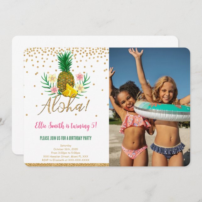 Hawaiian Birthday Kids Photo Invitation (Front/Back)