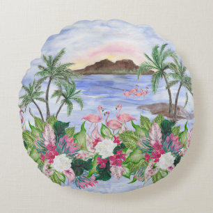 Hawaiian Bliss: Tropical Watercolor Pattern Round Cushion