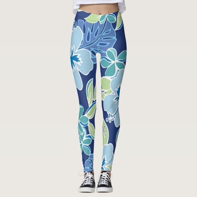 Hawaiian Blue Tropical Foliage Leggings (Front)