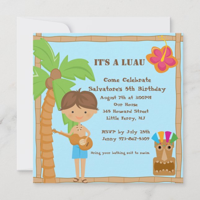 Hawaiian Boy Luau Square Birthday Invitation (Front)