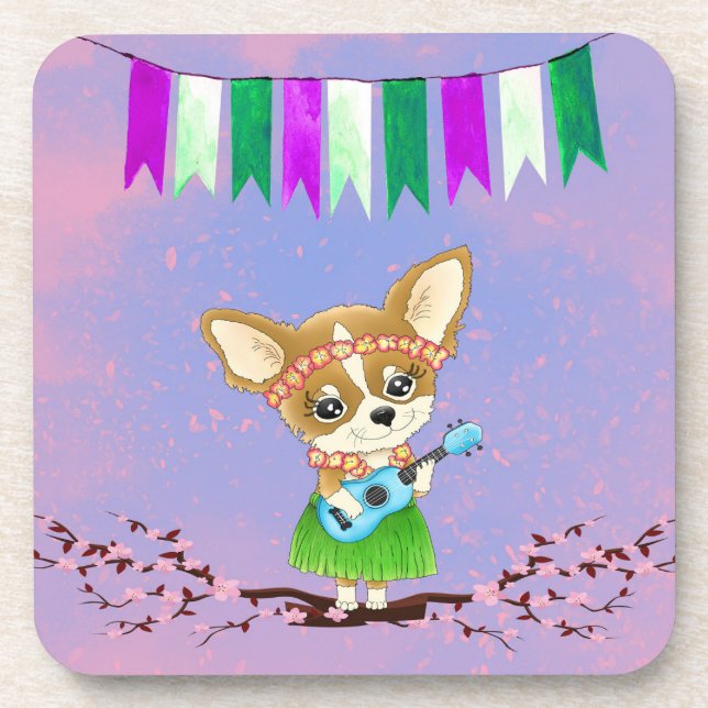 Hawaiian Chihuahua Playing a Ukulele Coaster (Front)