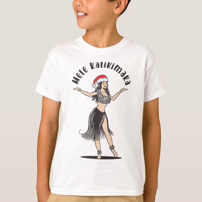 Hawaiian Christmas Hula Skirt Girl Santa Hat Mele  T-Shirt (Front)