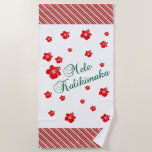 Hawaiian Christmas ~ Mele Kalikimaka Beach Towel<br><div class="desc">Here it is,  a beach towel that reads Mele Kalikimaka with red Hibiscus flowers and matching red,  green and white peppermint candy cane stripes. Hawaii's way to say Merry Christmas tags; surfer gift kids boys girls mens womens teens kids funny holiday festive Hawaii,  Hawaiian,  tropical,  Santa,  Clause</div>