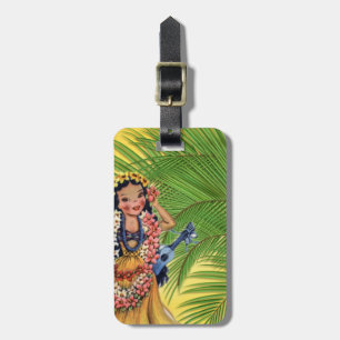 Hawaiian Dancer With Grass Skirt and Palm Tree Luggage Tag