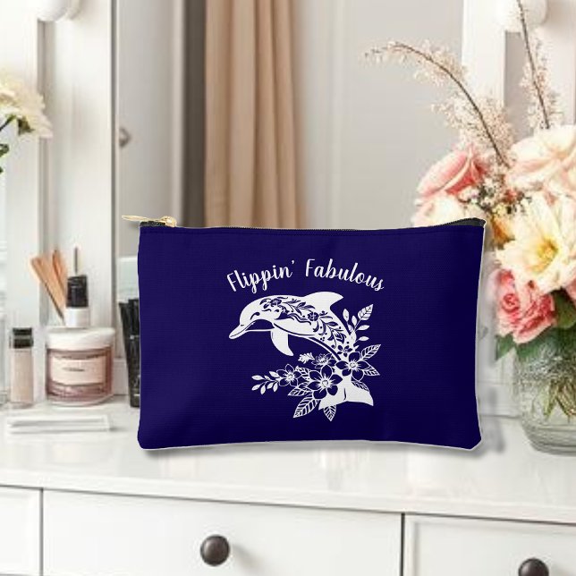 Hawaiian Dolphin Flippin' Fabulous Blue Accessory Pouch (Hawaiian Dolphin, Flippin Fabulous, Islander Summer, Beach, Travel, Fisherman Trend, Tropical floral)